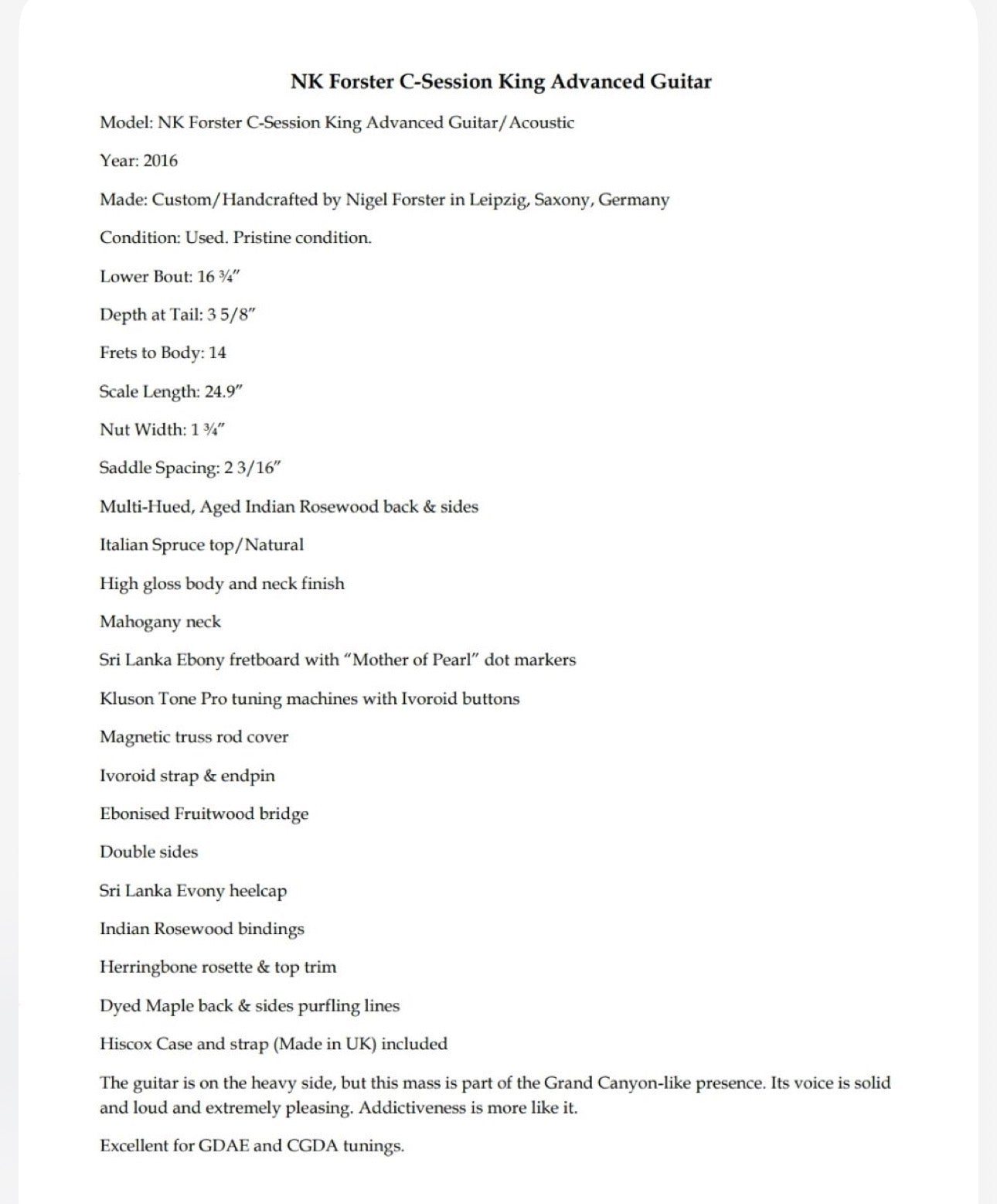 2017 NK Forster C Session King Advanced Guitar