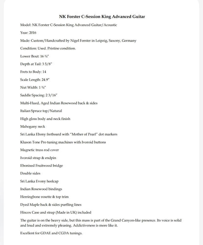 2017 NK Forster C Session King Advanced Guitar